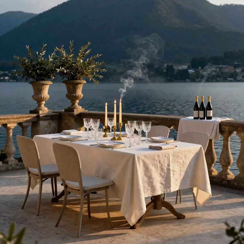 Terrazza privata sul Lago di Como con tavola apparecchiata, candele e urne in pietra al tramonto.