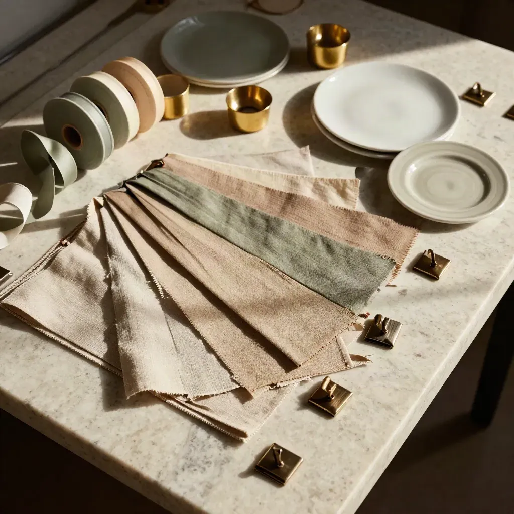 Campioni di lino, nastri, candelieri in ottone e piatti ceramici su travertino chiaro