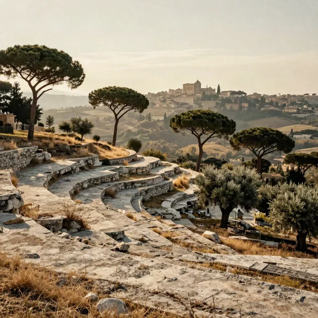 Panorama del Lazio con pini domestici, travertino e skyline romano nella foschia dorata.